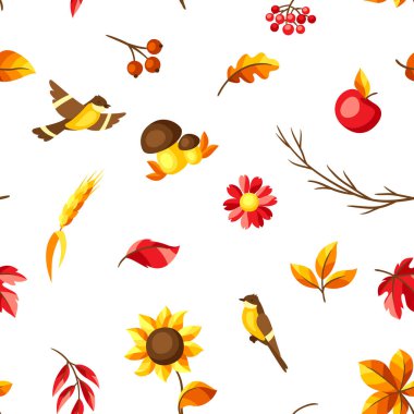 Mevsimlik yapraklar ve malzemelerle sonbahar pürüzsüz deseni. Yaprakların ve çiçeklerin arkaplanı.