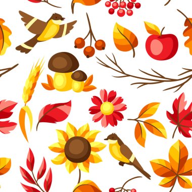 Mevsimlik yapraklar ve malzemelerle sonbahar pürüzsüz deseni. Yaprakların ve çiçeklerin arkaplanı.