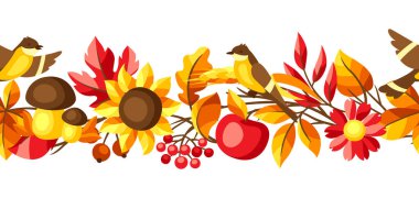 Mevsimlik yapraklar ve malzemelerle sonbahar pürüzsüz deseni. Yaprakların ve çiçeklerin arkaplanı.