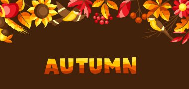 Mevsimlik yapraklar ve malzemelerle sonbahar arkaplanı. Yaprakların ve çiçeklerin tasviri.