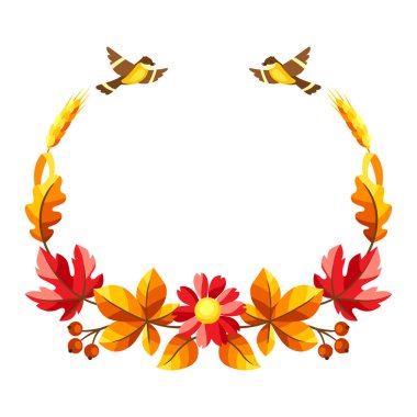 Mevsimlik yapraklar ve malzemelerle dolu sonbahar çerçevesi. Yaprakların ve çiçeklerin tasviri.