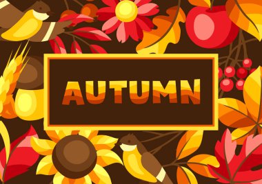 Mevsimlik yapraklar ve malzemelerle sonbahar arkaplanı. Yaprakların ve çiçeklerin tasviri.