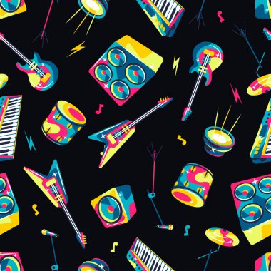 Müzik aletleriyle kusursuz desen. Müzik partisi ya da rock konseri arka planı.
