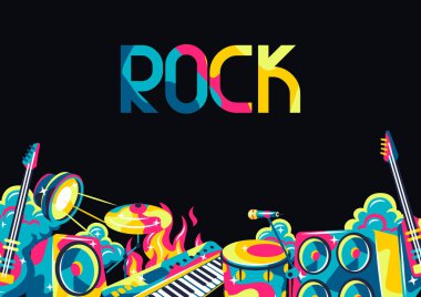 Müzik aletleriyle donatılmış bir arka plan. Müzik partisi ya da rock konseri illüstrasyonu.