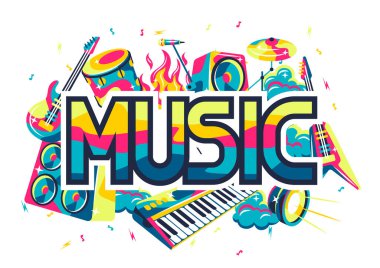 Müzik aletleriyle donatılmış bir arka plan. Müzik partisi ya da rock konseri illüstrasyonu.