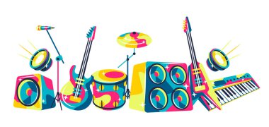 Müzik aletleriyle donatılmış bir arka plan. Müzik partisi ya da rock konseri illüstrasyonu.