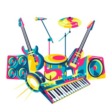 Müzik aletleriyle donatılmış bir arka plan. Müzik partisi ya da rock konseri illüstrasyonu.