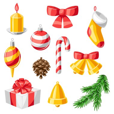 Mutlu Noeller dekoratif eşyaları seti. Tatil illüstrasyonu veya davetiyesi.
