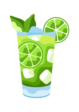 Mojito kokteyli illüstrasyonu. Alkollü içeceğin stilize edilmiş görüntüsü.