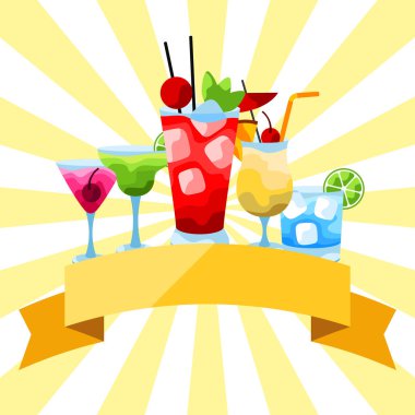 Alkollü kokteyllerle dolu bir geçmiş. Alkollü içecek ve içeceklerin stilize edilmiş görüntüsü.