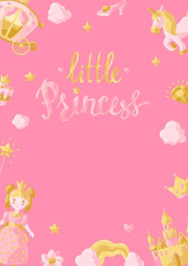 Prenses parti eşyaları çerçevesi. Peri krallığı ve sihirli dünya illüstrasyonu. Çocuk kutlaması için dekorasyon.