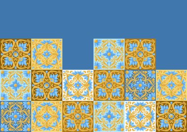 Çiçekli seramik seramik desen. Pembe ve altın rengi nilüfer çiçeğinin biçimlendirilmiş görüntüsü.