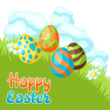 Bayram eşyalarıyla Paskalya tebrik kartın kutlu olsun. Dekoratif semboller ve nesneler.