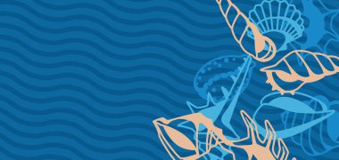 Deniz kabuklarıyla dolu bir arka plan. Tropik sualtı yumuşakçaları dekoratif çizimler.