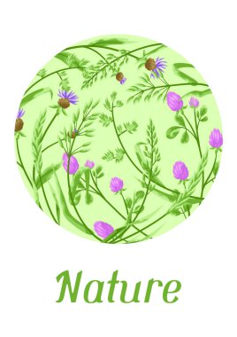 Otlarla ve mısır gevreği otlarıyla dolu bir arka plan. Çayır bitkilerinin çiçekli tasarımı.