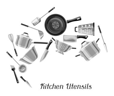Mutfak gereçleriyle dolu bir arka plan. Ev ve restoran için yemek aletleri.