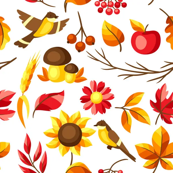 Mevsimlik yapraklar ve malzemelerle sonbahar pürüzsüz deseni. Yaprakların ve çiçeklerin arkaplanı.