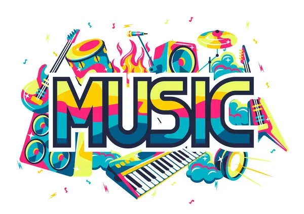 Müzik aletleriyle donatılmış bir arka plan. Müzik partisi ya da rock konseri illüstrasyonu.