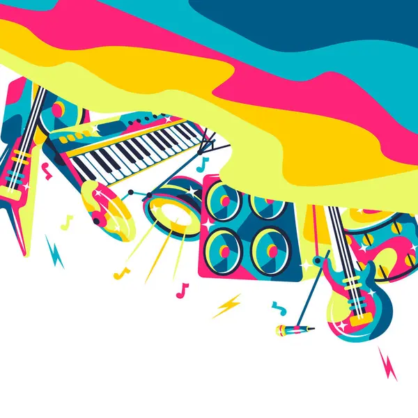 Müzik aletleriyle donatılmış bir arka plan. Müzik partisi ya da rock konseri illüstrasyonu.