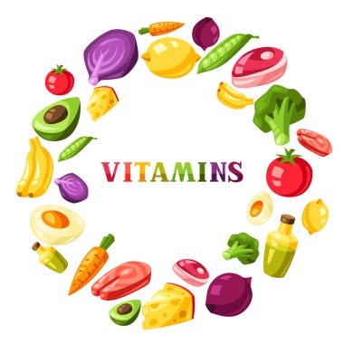 Vitamin besin kaynakları çerçevesi. Sağlıklı beslenme ve sağlık konsepti.