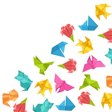 Origami oyuncaklarıyla arka plan. Katlanmış renkli kağıt nesneleri.