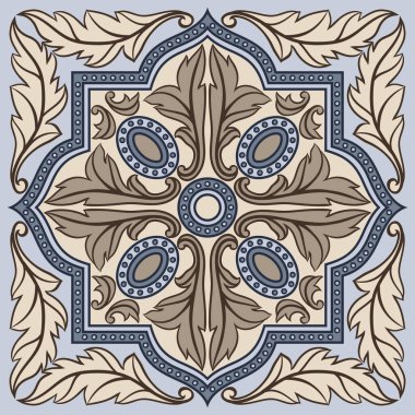 Portekiz azulejo seramik seramik deseni. Akdeniz geleneksel süsü. İtalyan çömleği ya da İspanyol majolikası. Klasik parşömen yapraklarıyla barok ispanyol arkaplanı.