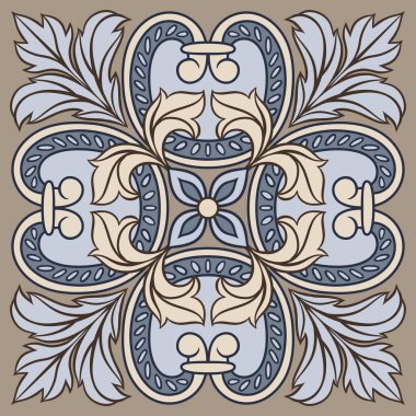 Portekiz azulejo seramik seramik deseni. Akdeniz geleneksel süsü. İtalyan çömleği ya da İspanyol majolikası. Klasik parşömen yapraklarıyla barok ispanyol arkaplanı.