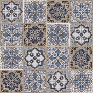 Portekiz azulejo seramik seramik dikişsiz desen. Akdeniz geleneksel süsü. İtalyan çömleği ya da İspanyol majolikası. Klasik parşömen yapraklarıyla barok ispanyol arkaplanı.