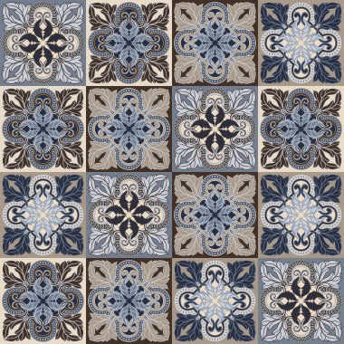 Portekiz azulejo seramik seramik dikişsiz desen. Akdeniz geleneksel süsü. İtalyan çömleği ya da İspanyol majolikası. Klasik parşömen yapraklarıyla barok ispanyol arkaplanı.