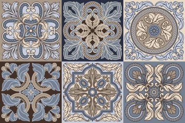 Portekiz azulejo seramik seramik deseni. Akdeniz geleneksel süsü. İtalyan çömleği ya da İspanyol majolikası. Klasik parşömen yapraklarıyla barok ispanyol arkaplanı.