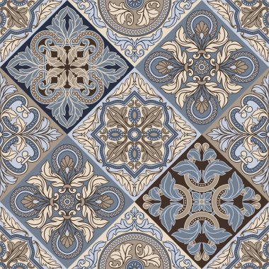 Portekiz azulejo seramik seramik dikişsiz desen. Akdeniz geleneksel süsü. İtalyan çömleği ya da İspanyol majolikası. Klasik parşömen yapraklarıyla barok ispanyol arkaplanı.