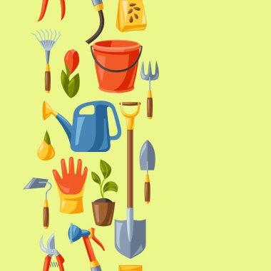 Bahçe aletleri ve ekipmanlarıyla kusursuz desen. Sezon bahçıvanlığı illüstrasyonu.
