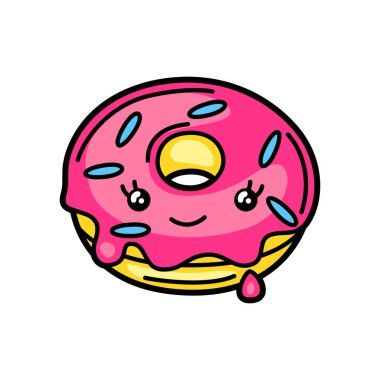 Kawaii donut illüstrasyonu. Fast food için sevimli komik bir karakter..