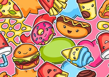 Şirin kawaii fast food yemeğiyle kusursuz desen. Fast food 'un eğlenceli karakterleri..
