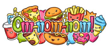 Şirin kawaii fast food yemekleriyle dolu bir arka plan. Fast food 'un eğlenceli karakterleri..