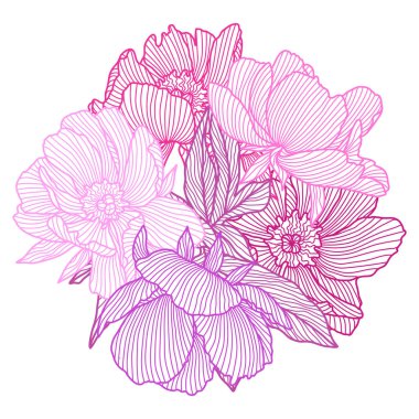 Doğrusal şakayıklı arka plan. Güzel dekoratif stilize yaz çiçekleri.