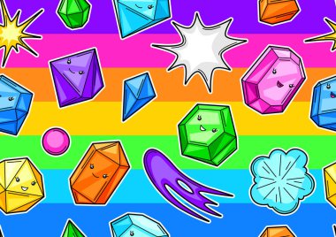 Şirin kawaii kristalleri ya da mücevherleri olan kusursuz bir desen. Mücevher taşları komik karakterler.