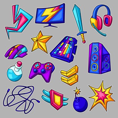 Set of gaming items. Cyber sports, computer games, fun recreation. Teenage creative illustration. Trendy symbols in modern cartoon style.