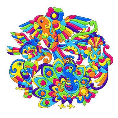 Tropikal kuşların dekoratif arka planı. Meksika seramik şirin saf sanat. Etnik dekoratif nesneler. Geleneksel halk çiçekleri..