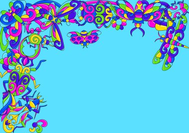 Tarzlanmış böcek ve böceklerle dekoratif bir arka plan. Meksika seramik şirin saf sanat. Etnik dekoratif nesneler. Geleneksel halk çiçekleri..