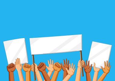 Pankartlı ellerin resmi. Protesto pankartları ya da protesto pankartları. İnsanların elinde boş gösteri posterleri var. Kaldırılmış yumruklar ve jestler.