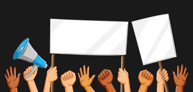 Pankartlı ellerin resmi. Protesto pankartları ya da protesto pankartları. İnsanların elinde boş gösteri posterleri var. Kaldırılmış yumruklar ve jestler.