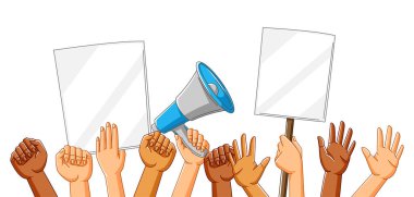 Pankartlı ellerin resmi. Protesto pankartları ya da protesto pankartları. İnsanların elinde boş gösteri posterleri var. Kaldırılmış yumruklar ve jestler.