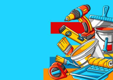 Arkaplanda tamir aletleri var. İnşaat endüstrisi ve iş dünyası için ekipman.