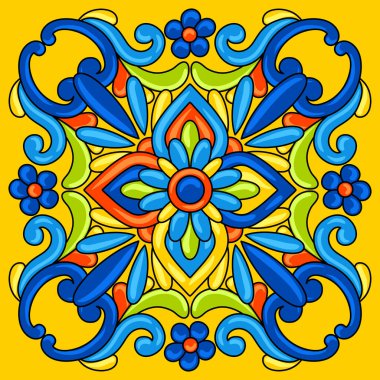 Meksika talavera seramik seramik deseni. Süslü çiçeklerle süslenmiş. Geleneksel dekoratif nesneler. Etnik halk süsü.