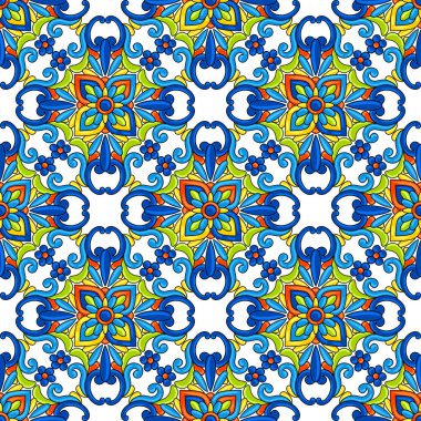Meksikalı talavera seramik seramik dikişsiz desen. Süslü çiçeklerle süslenmiş. Geleneksel dekoratif nesneler. Etnik halk süsü.