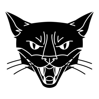 Şeytani büyücü kedi ağızlığı. Mistik, simya, maneviyat, dövme sanatı. İzole vektör çizimi. Siyah ve beyaz simgesi.