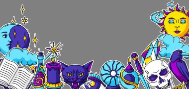 Gizemli nesnelerin sihirli arka planı. Mistik, simya, ruhani semboller. Çizgi film sihirli tasarımı.