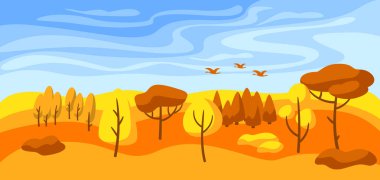 Orman, ağaçlar ve çalılarla dolu sonbahar manzarası. Mevsimsel doğa illüstrasyonu.