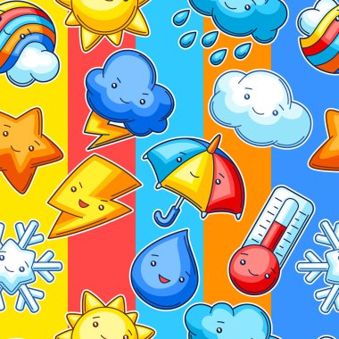 Şirin kawaii hava malzemeleriyle kusursuz desen. Komik mevsimlik çocuk çizimi. Çizgi film biçimlendirilmiş karakterler.